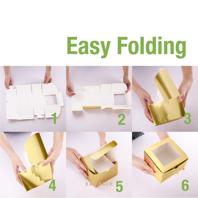 BAKIPACK 25 Gold Bakery Boxes with Window, 6x6x4 Inches Cake Boxes with Window, Treat Boxes for Small Bakery, Dessert, Candy, Cookies, Pastry, Party Favors, Wedding Cake - Image 5